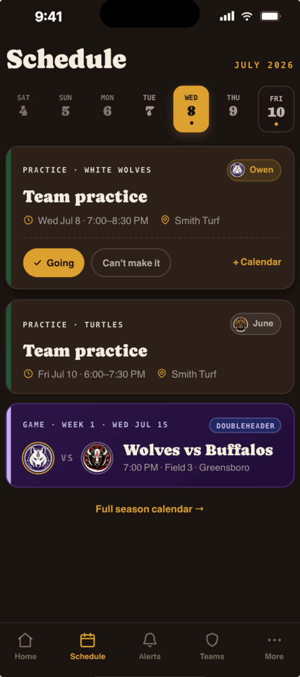 Drew League app schedule screen with one-tap RSVP